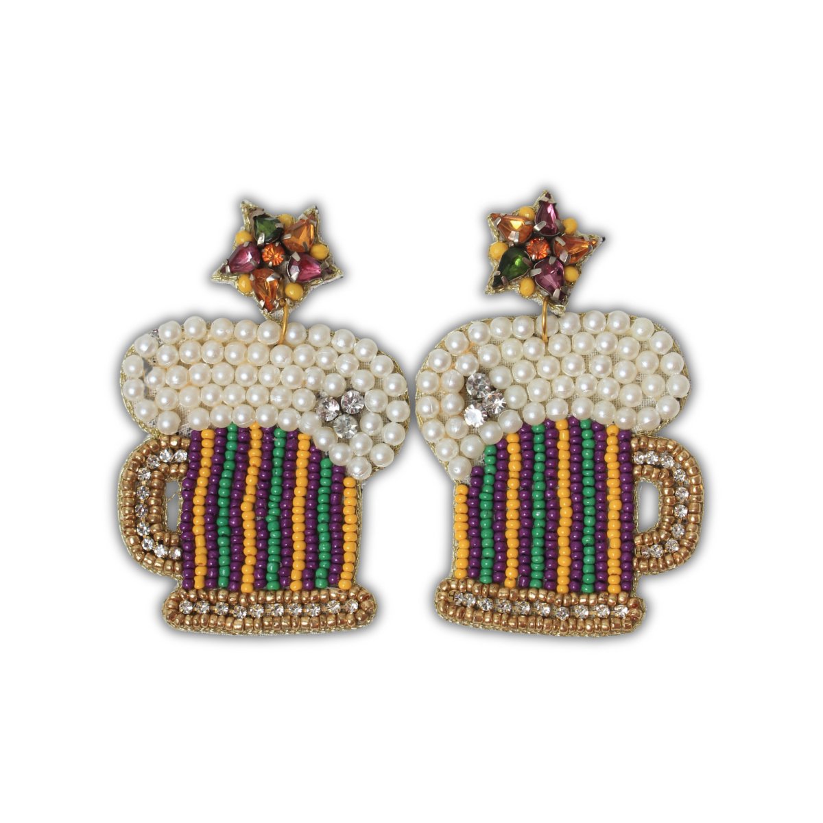 Beer Mug Mardi Gras Beaded Earrings with Pearls and Rhinestones - Mardi Gras Apparel - Accessories, Earrings, Mardi Gras - Mardi Gras Earrings