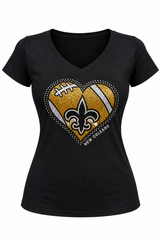 Women’s New Orleans Black & Gold Football Heart V-Neck T-Shirt