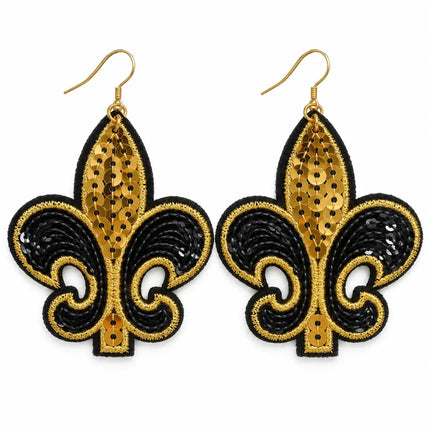 Black & Gold Sequin Fleur-de-Lis Drop Earrings - Mardi Gras Apparel - Accessories, accessory discount tier, Adult - Earrings