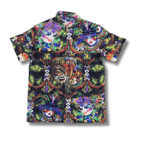 Carnival Faces Short Sleeve Button - Up Shirt - Mardi Gras Apparel - Adult, Buttons up, Front Design - Buttons - Up