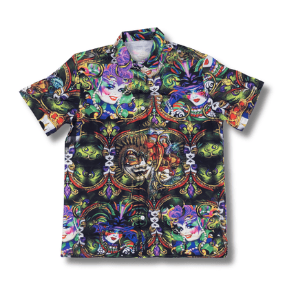 Carnival Faces Short Sleeve Button - Up Shirt - Mardi Gras Apparel - Adult, Buttons up, Front Design - Buttons - Up