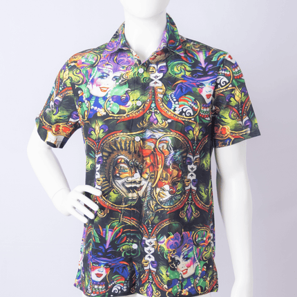 Carnival Faces Short Sleeve Button - Up Shirt - Mardi Gras Apparel - Adult, Buttons up, Front Design - Buttons - Up