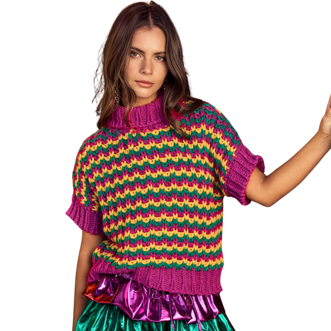 Chunky Ribbed Mardi Gras Half Sleeves Sweater - Mardi Gras Apparel - Adult, apparel discount tier, Bibi - Sweaters