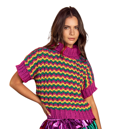Chunky Ribbed Mardi Gras Half Sleeves Sweater - Mardi Gras Apparel - Adult, apparel discount tier, Bibi - Sweaters