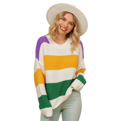 Classic Mardi Gras Colorful Stripe Relaxed Fit Pullover - Mardi Gras Apparel - Adult, Ladies, Mardi Gras - Sweatshirt