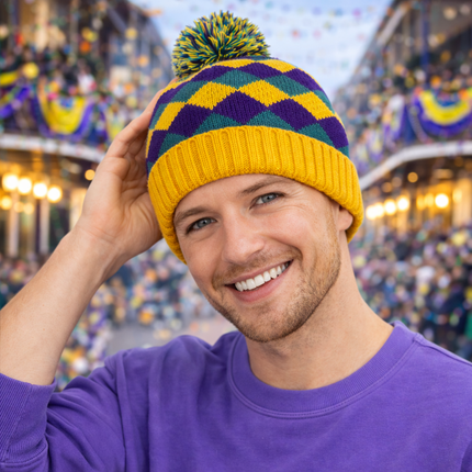 Classic Mardi Gras Diamond Knit Pom Beanie Hat - Mardi Gras Apparel - Accessories, Adult, beanie - Beanie