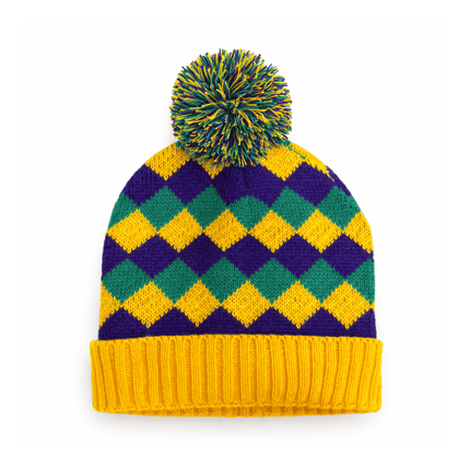 Classic Mardi Gras Diamond Knit Pom Beanie Hat - Mardi Gras Apparel - Accessories, Adult, beanie - Beanie