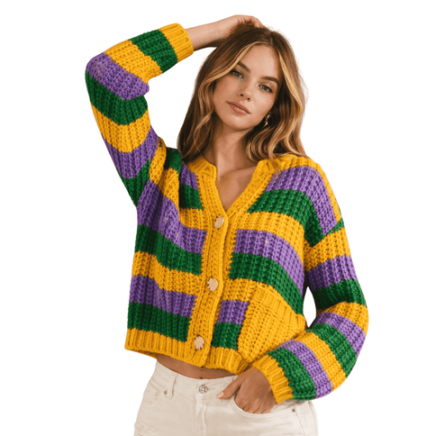 Classic Mardi Gras Stripe Ribbed Knit Cardigan - Mardi Gras Apparel - Adult, Bibi, Bibi Top Chart - Sweaters