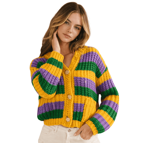 Classic Mardi Gras Stripe Ribbed Knit Cardigan - Mardi Gras Apparel - Adult, Bibi, Bibi Top Chart - Sweaters
