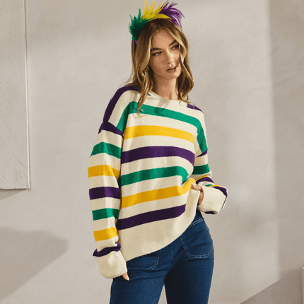 Classic Mardi Gras Stripes Sweater - Mardi Gras Apparel - Adult, apparel discount tier, Bibi - Sweaters