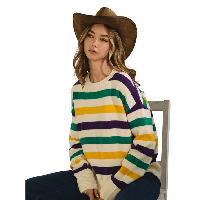Classic Mardi Gras Stripes Sweater - Mardi Gras Apparel - Adult, apparel discount tier, Bibi - Sweaters