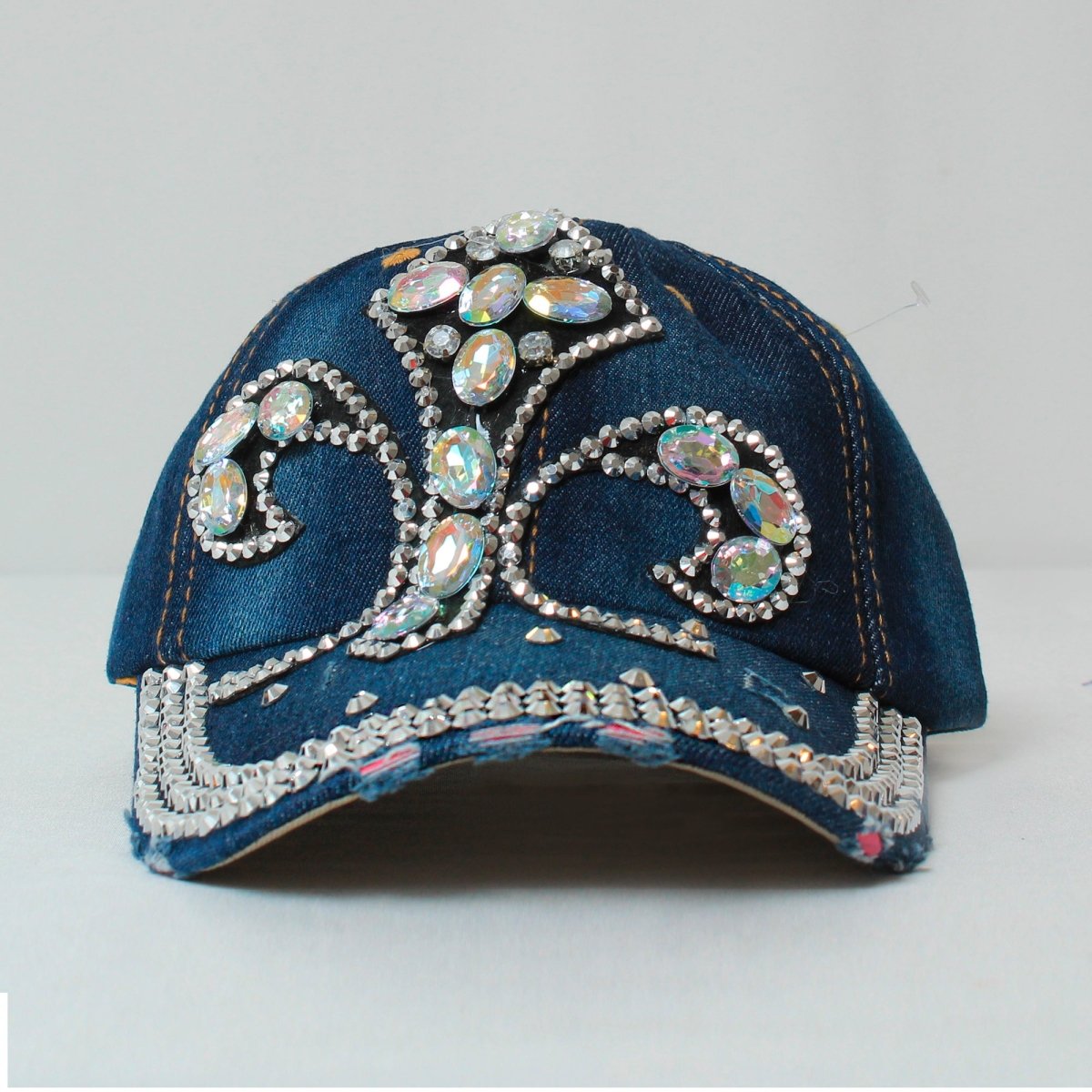 Denim Crystal Fleur De Lis Rhinestone Embellished Hat - Mardi Gras Apparel - Accessories, Hats, Mardi Gras - Hats