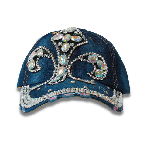 Denim Crystal Fleur De Lis Rhinestone Embellished Hat - Mardi Gras Apparel - Accessories, Hats, Mardi Gras - Hats