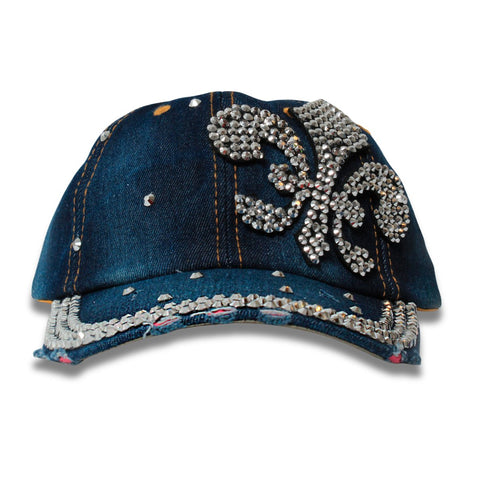 Denim Silver Fleur De Lis Rhinestone Embellished Hat - Mardi Gras Apparel - Accessories, Hats, Mardi Gras - Hats