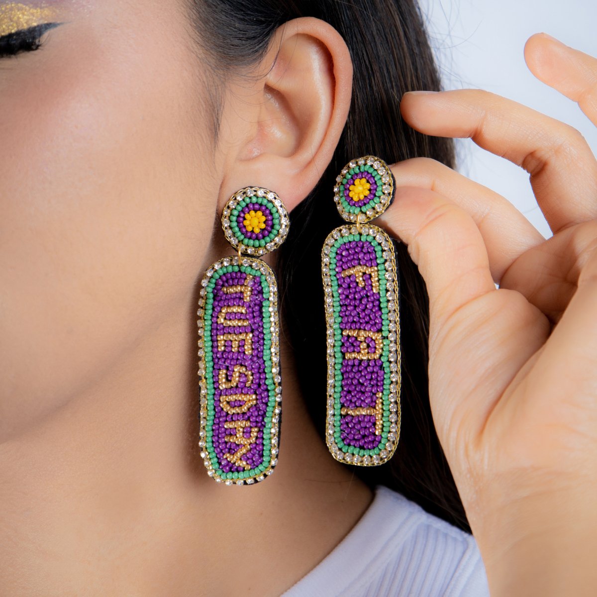 Fat Tuesday Hand - Beaded Earrings with Circular Top - Mardi Gras Apparel