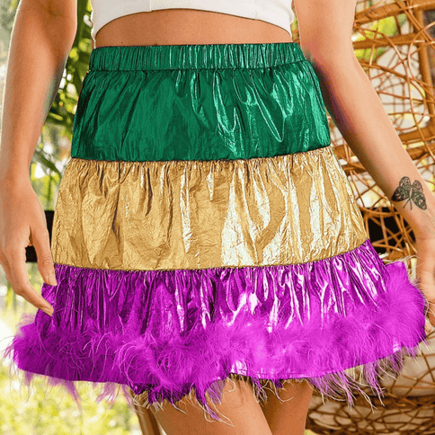 Faux Feather Hem Mardi Gras Metallic Mini Skirt - Mardi Gras Apparel - Adult, Bibi, Bibi Bottom Chart - Skirt