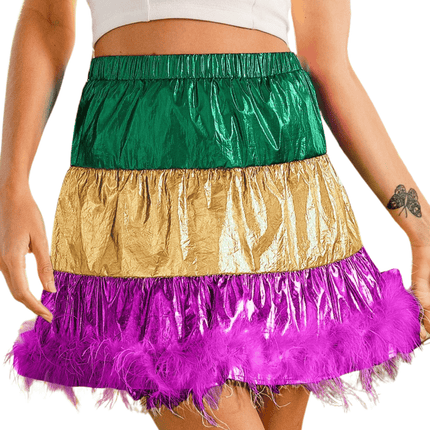 Faux Feather Hem Mardi Gras Metallic Mini Skirt - Mardi Gras Apparel - Adult, Bibi, Bibi Bottom Chart - Skirt