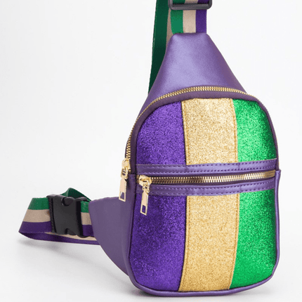 Faux Leather Mardi Gras Purple Sparkle Front Sling Bag - Mardi Gras Apparel - Accessories, Bags, Mardi Gras - Bag