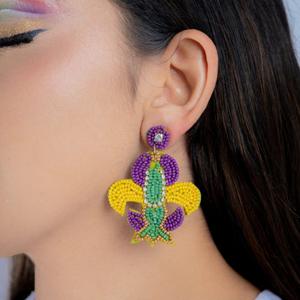 Fleur - de - Lis Mardi Gras Beaded Earrings - Mardi Gras Apparel - Accessories, Earrings, Mardi Gras - Mardi Gras Earrings