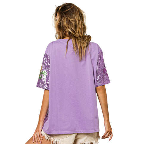 Fleur de Lis Sequin Patch Purple Sequin Top - Mardi Gras Apparel - Adult, Front Design, Ladies -
