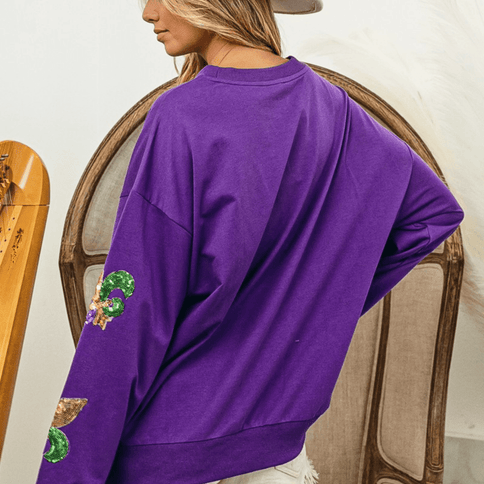 Fleur De Lis Sequin Patches Mardi Gras Pullover - Mardi Gras Apparel - Adult, Gold, Green -