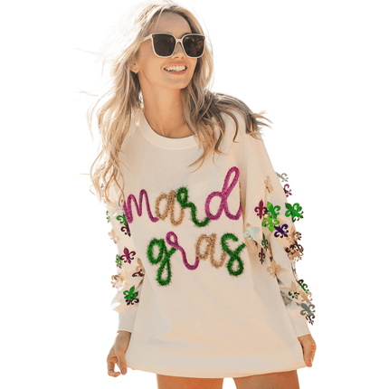 Fleur De Lis Sleeve Mardi Gras Pullover - Mardi Gras Apparel - Adult, Bibi, Bibi Top Chart - Sequin