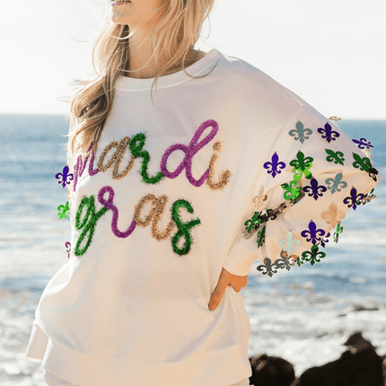 Fleur De Lis Sleeve Mardi Gras Pullover - Mardi Gras Apparel - Adult, Bibi, Bibi Top Chart - Sequin