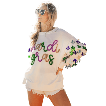 Fleur De Lis Sleeve Mardi Gras Pullover - Mardi Gras Apparel - Adult, Bibi, Bibi Top Chart - Sequin