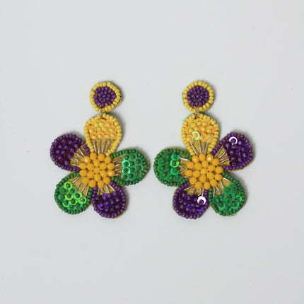 Floral Beaded Mardi Gras Earrings with Sequins - Mardi Gras Apparel - Accessories, Earrings, Mardi Gras - Mardi Gras Earrings