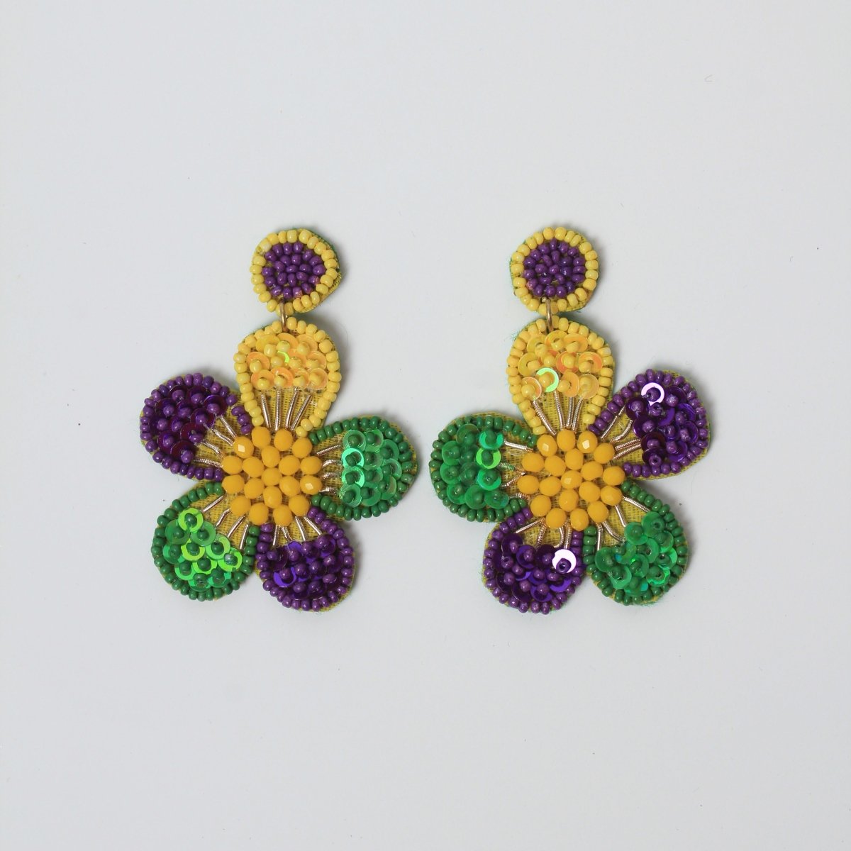 Floral Beaded Mardi Gras Earrings with Sequins - Mardi Gras Apparel