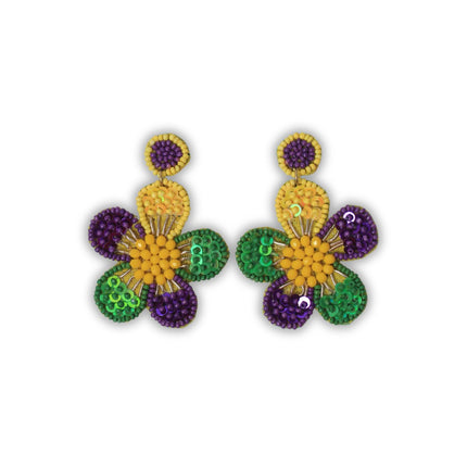 Floral Beaded Mardi Gras Earrings with Sequins - Mardi Gras Apparel - Accessories, Earrings, Mardi Gras - Mardi Gras Earrings