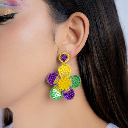 Floral Beaded Mardi Gras Earrings with Sequins - Mardi Gras Apparel - Accessories, Earrings, Mardi Gras - Mardi Gras Earrings