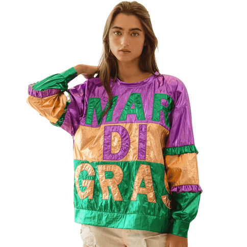 Foil Color Block Mardi Gras Lettering Top - Mardi Gras Apparel - Adult, Front Design, Ladies - Sequin