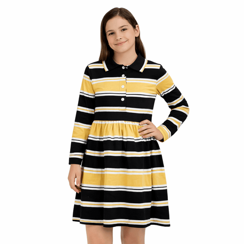 Girls Black & Gold Striped Polo Dress - Mardi Gras Apparel - apparel discount tier, Black & Gold, Dress - Dress