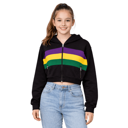 Girls Mardi Gras Full - Zip Striped Black Hoodie Crop Top - Mardi Gras Apparel - girls, Hoodie, Long Sleeve - Hoodie
