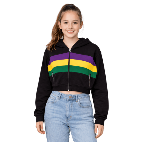Girls Mardi Gras Full - Zip Striped Black Hoodie Crop Top - Mardi Gras Apparel - girls, Hoodie, Long Sleeve - Hoodie