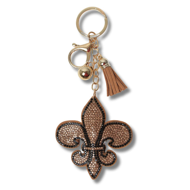 Gold Fleur De Lis Rhinestone Keychain with Tassel Mardi Gras Apparel
