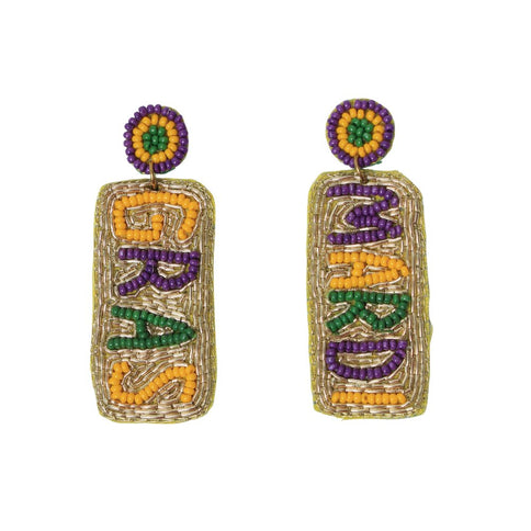 Hand - Beaded Mardi Gras Earrings with Circle Top - Mardi Gras Apparel - Accessories, Earrings, Mardi Gras - Mardi Gras Earrings