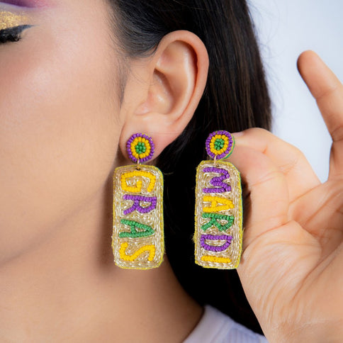 Hand - Beaded Mardi Gras Earrings with Circle Top - Mardi Gras Apparel - Accessories, Earrings, Mardi Gras - Mardi Gras Earrings