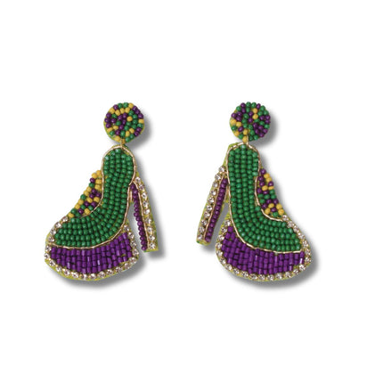 High Heel Beaded Mardi Gras Earrings with Rhinestones - Mardi Gras Apparel - Accessories, Earrings, Mardi Gras - Mardi Gras Earrings