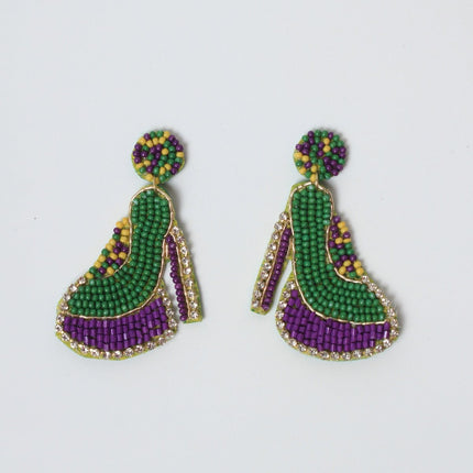 High Heel Beaded Mardi Gras Earrings with Rhinestones - Mardi Gras Apparel - Accessories, Earrings, Mardi Gras - Mardi Gras Earrings