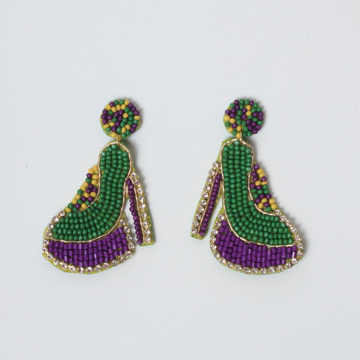 High Heel Beaded Mardi Gras Earrings with Rhinestones - Mardi Gras Apparel