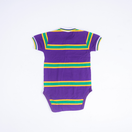 Infants Unisex Purple, Yellow, & Green Striped Mardi Gras Onesie Polo - Mardi Gras Apparel - Collared, Gold, Green - Onesie Polo