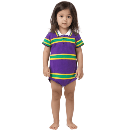 Infants Unisex Purple, Yellow, & Green Striped Mardi Gras Onesie Polo - Mardi Gras Apparel - Collared, Gold, Green - Onesie Polo