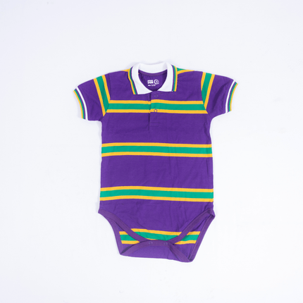 Infants Unisex Purple, Yellow, & Green Striped Mardi Gras Onesie Polo - Mardi Gras Apparel - Collared, Gold, Green - Onesie Polo