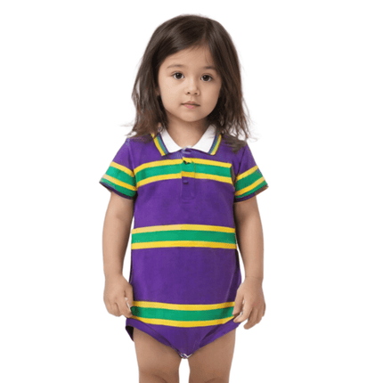 Infants Unisex Purple, Yellow, & Green Striped Mardi Gras Onesie Polo - Mardi Gras Apparel - Collared, Gold, Green - Onesie Polo