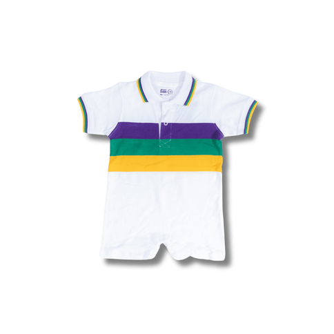 Kids 3 Panel Mardi Gras Rugby Polo White Striped ROMPER Polo - Mardi Gras Apparel - Collared, Gold, Green - Onesie Polo