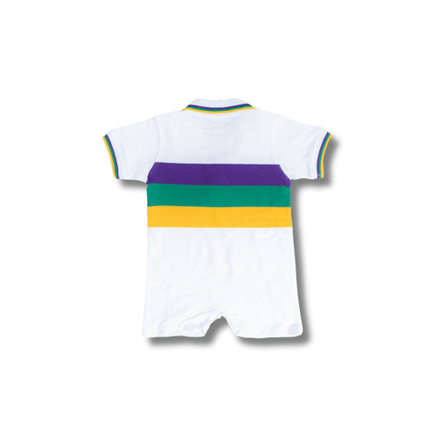 Kids 3 Panel Mardi Gras Rugby Polo White Striped ROMPER Polo - Mardi Gras Apparel - Collared, Gold, Green - Onesie Polo