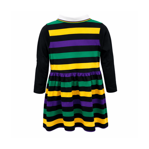 Kids Mardi Gras Girls Black Dress with Yellow & Green Stripes - Mardi Gras Apparel - Children, Collared, Dress - Dress