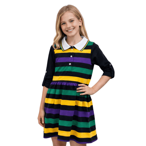 Kids Mardi Gras Girls Black Dress with Yellow & Green Stripes - Mardi Gras Apparel - Children, Collared, Dress - Dress